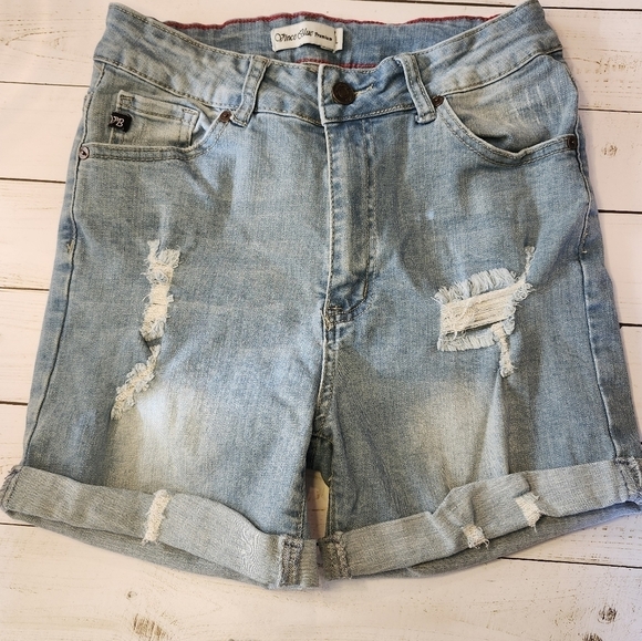 Vince Blue Premium Distressed Cuffed Jean Shorts Size Junior Large - Picture 2 of 8